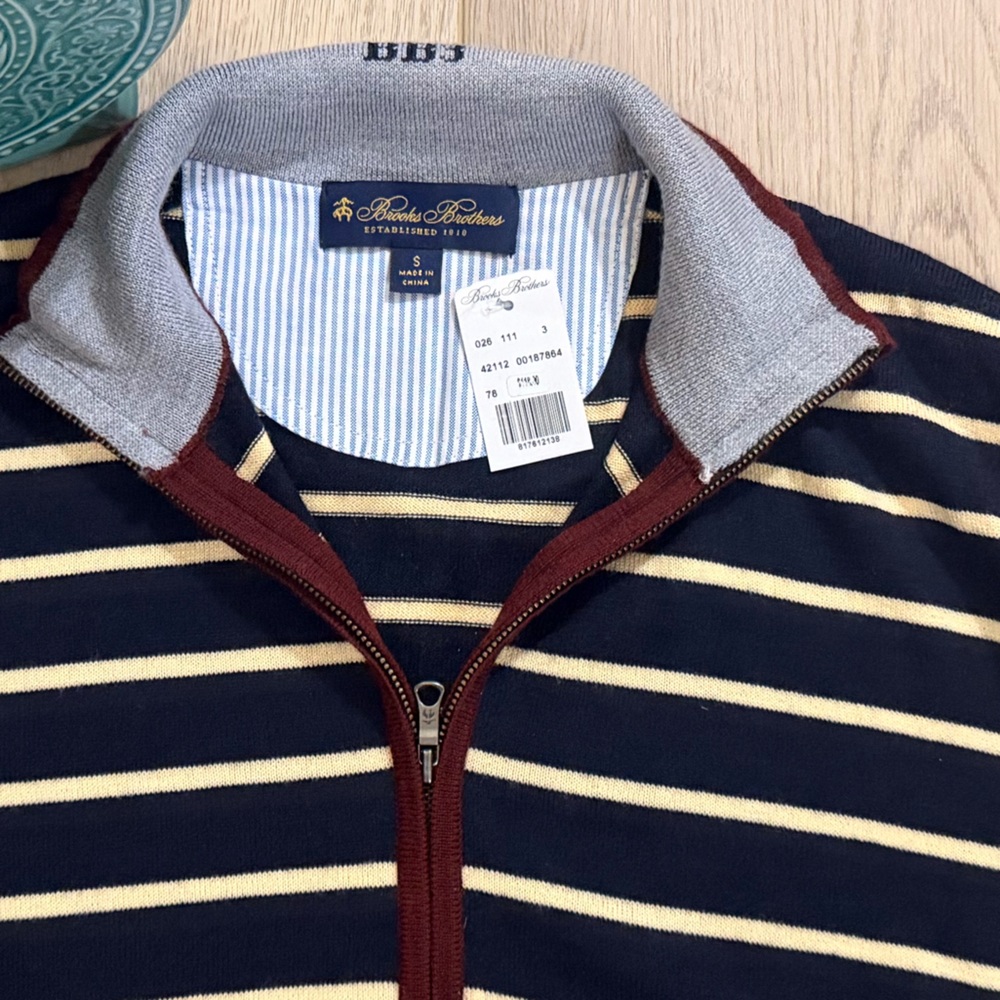 Brooks Brothers Men's Zip-Up Sweater - Navy and Cream Stripes Size S NWT - Picture 4 of 6